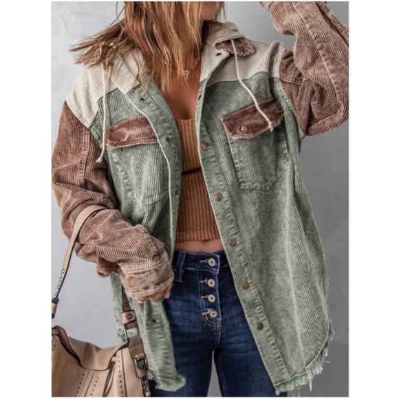 016 Cozy Color Block Oversized Corduroy Hoodie Jacket Shacket - Picture 1 of 13